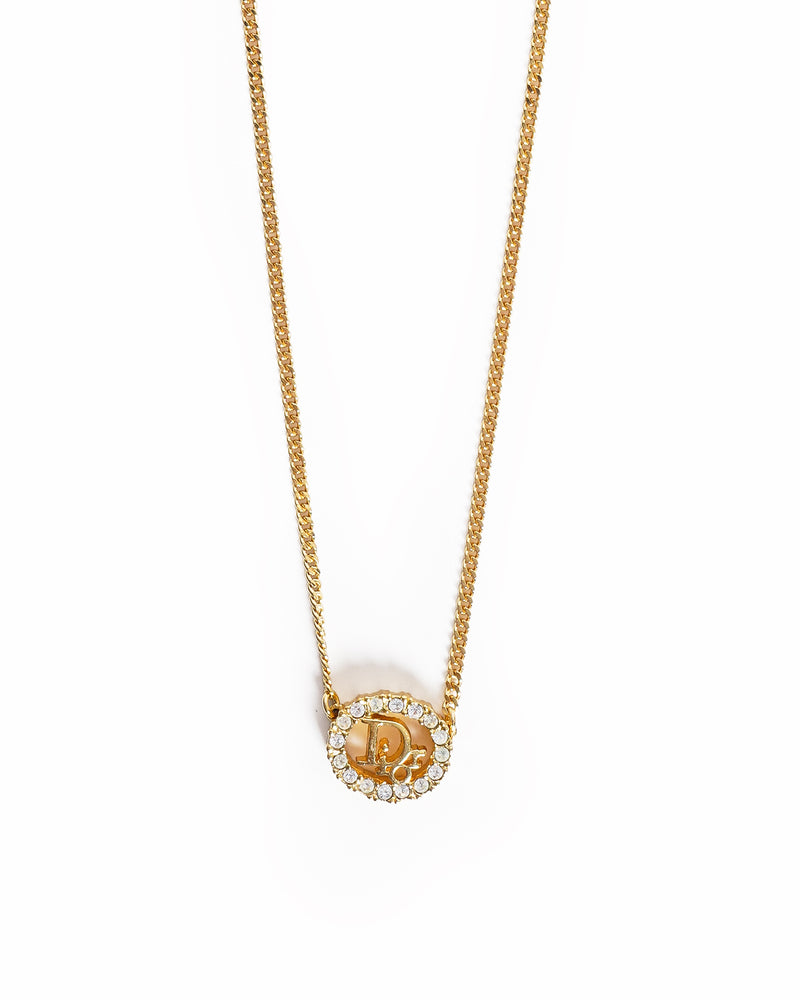 Vintage Dior Rhinestone Dior Logo Circular Pendant Necklace