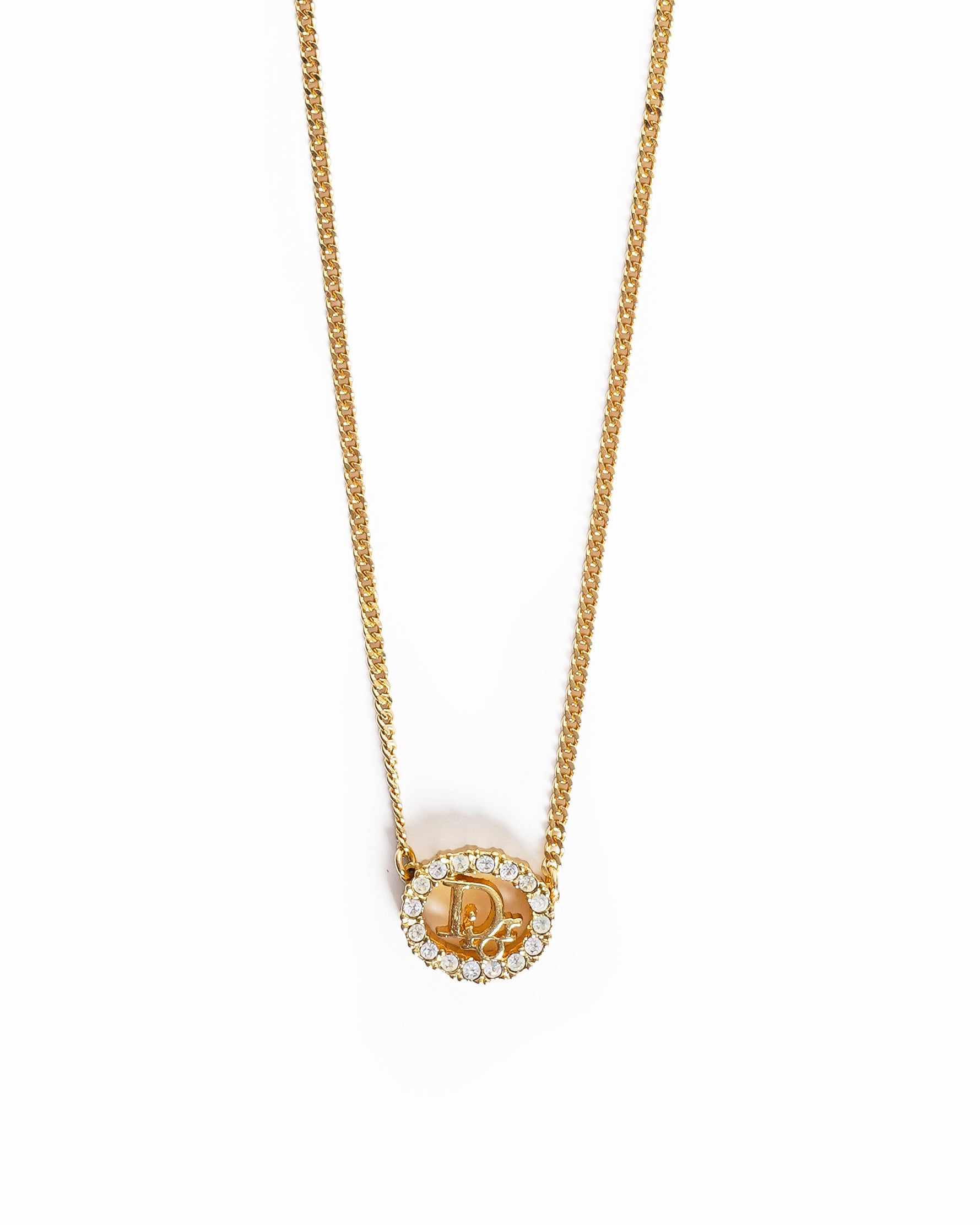Vintage Dior Rhinestone Dior Logo Circular Pendant Necklace