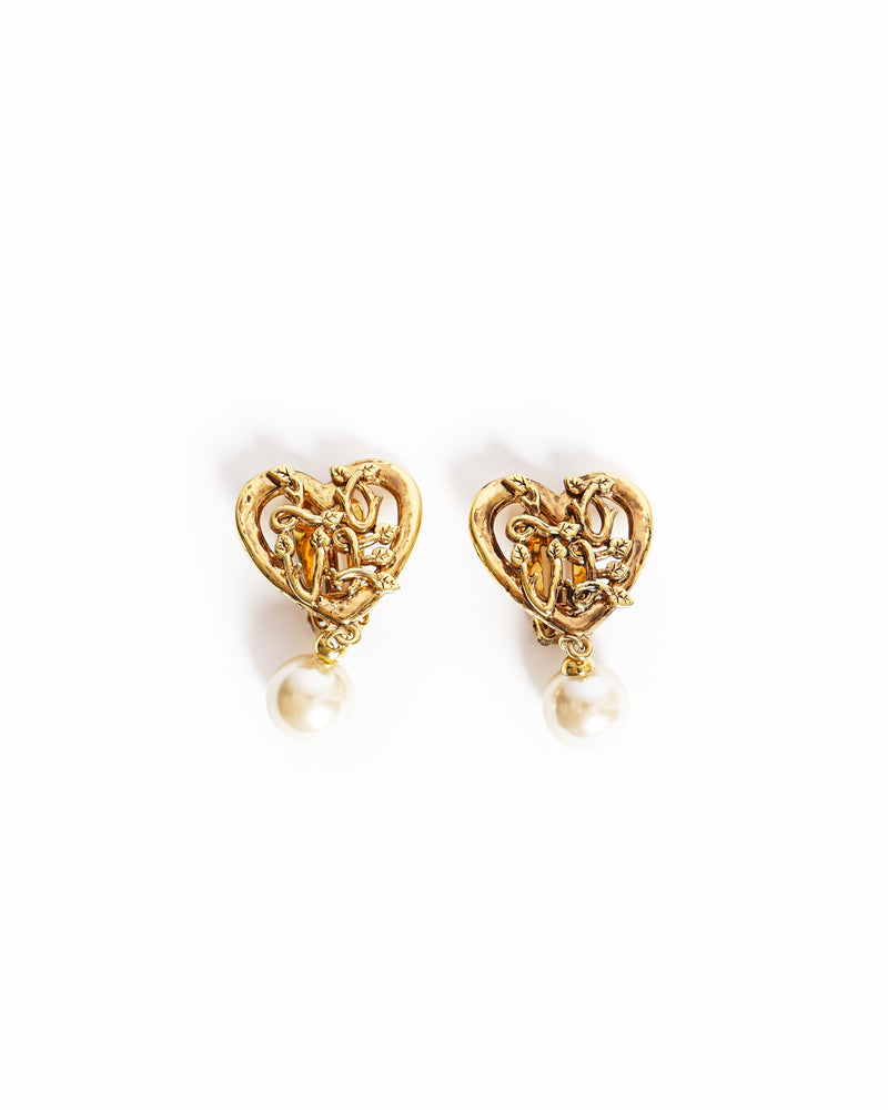 Vintage Moschino Bijoux Baroque Heart Ivy & Pearl Drop Earrings