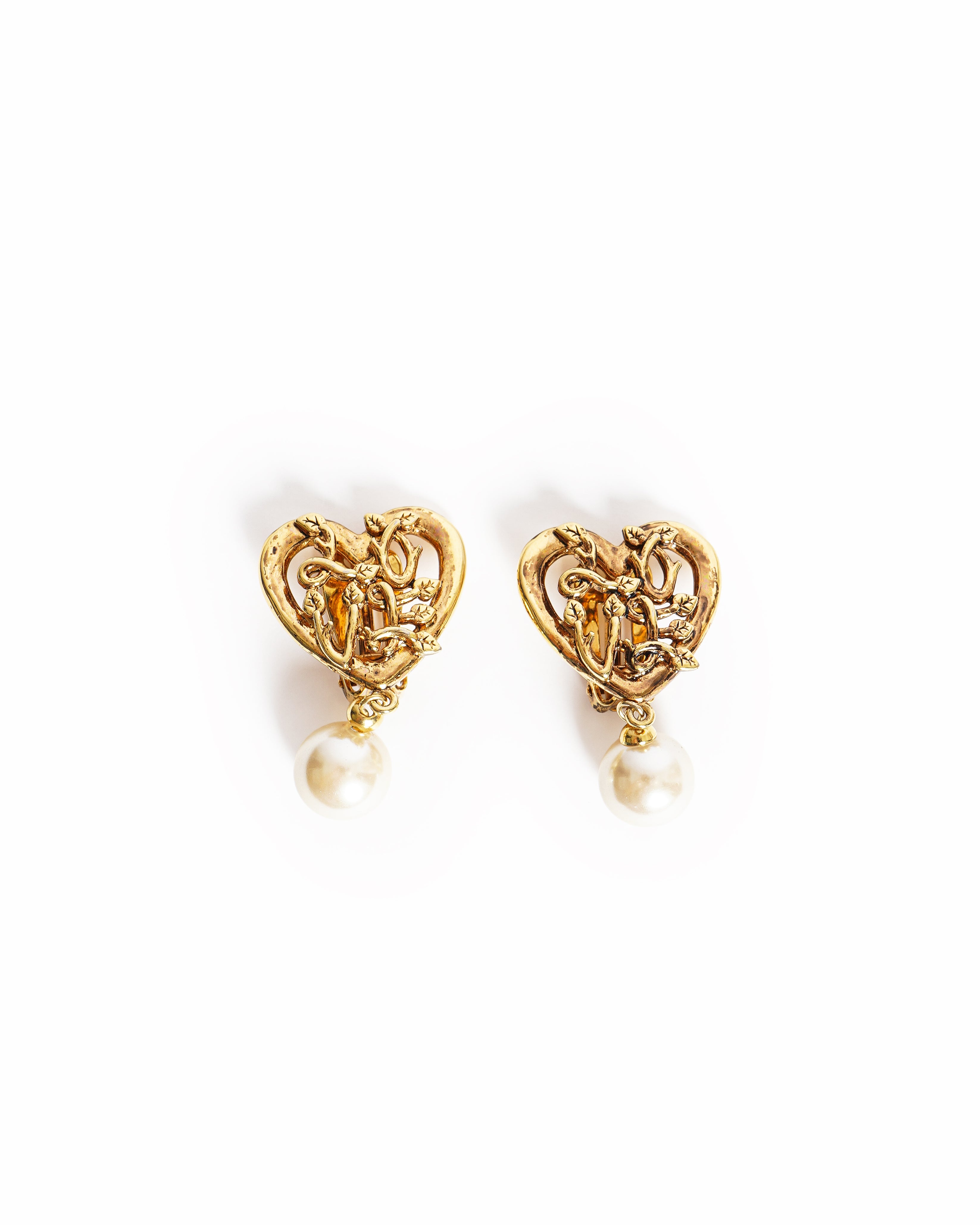 Vintage Moschino Bijoux Baroque Heart Ivy & Pearl Drop Earrings