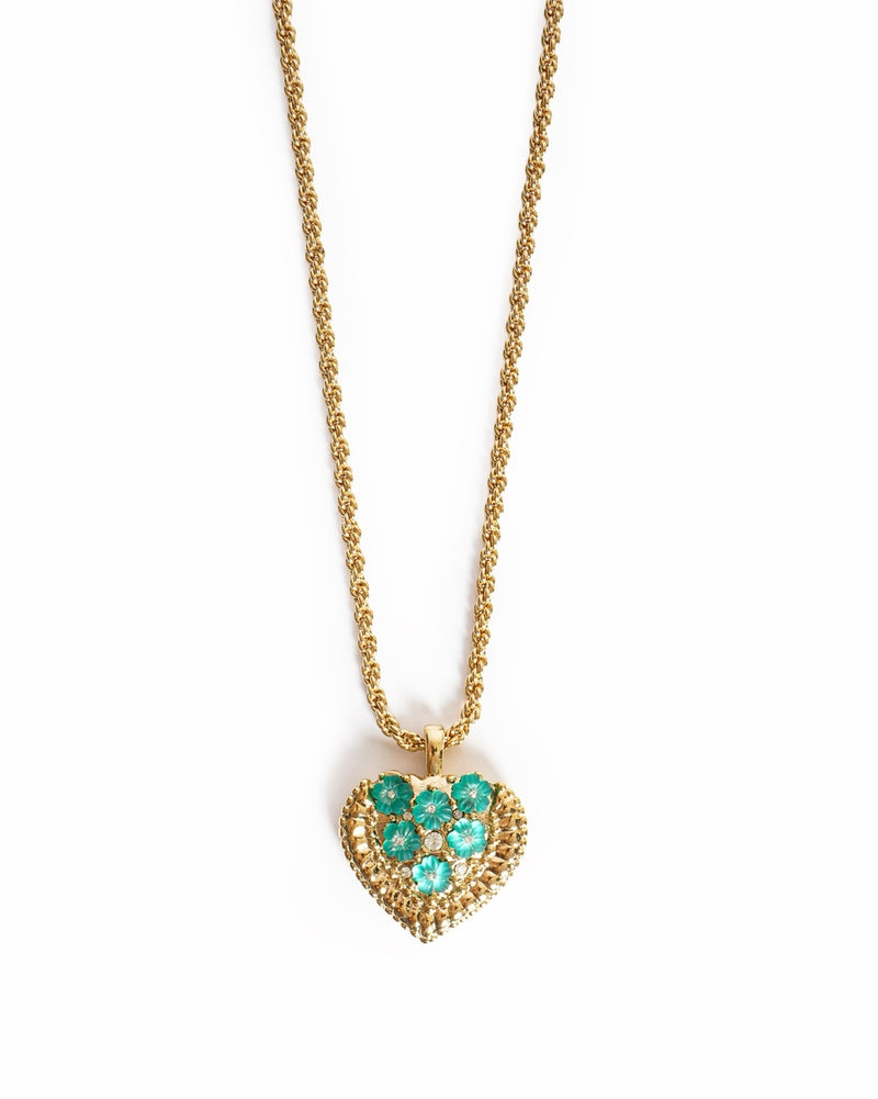 Vintage Nina Ricci Puffy Heart Turquoise Floral Pendant Necklace