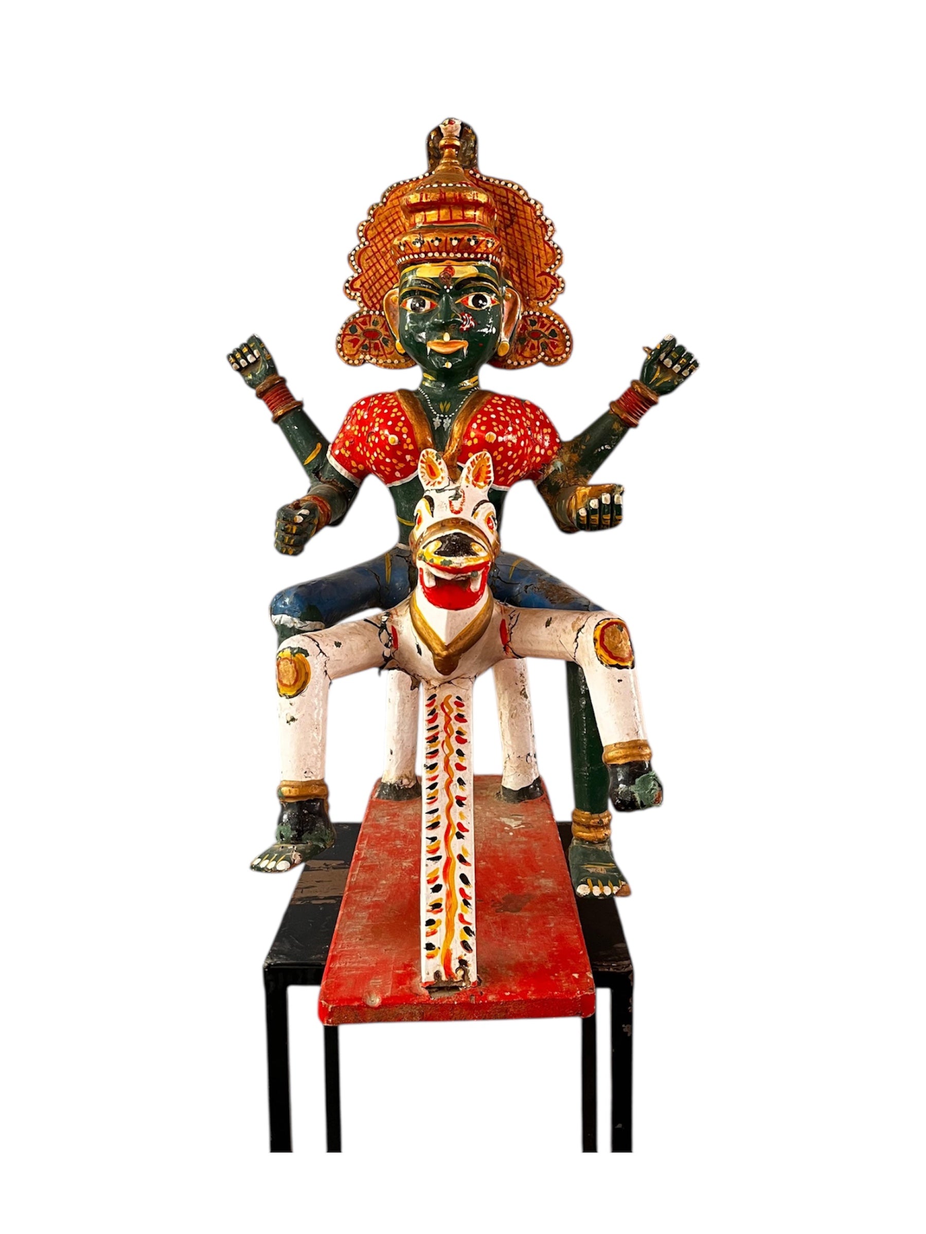 Wooden Sculpture of Hindu Goddess Durga Riding a Horse