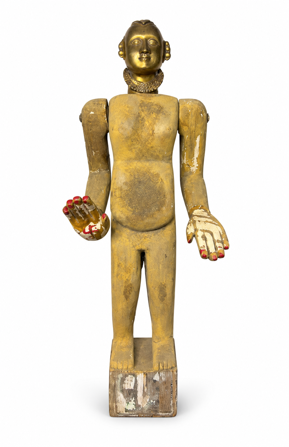 Antique Articulated Wooden Folk Art Doll With Gauri Brass Head