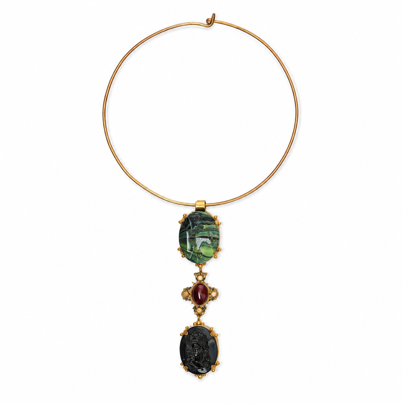 Vintage Cameo gold choker with green stones
