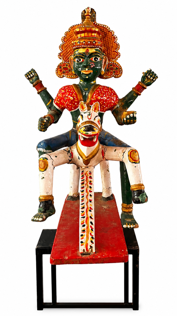 Wooden Sculpture of Hindu Goddess Durga Riding a Horse