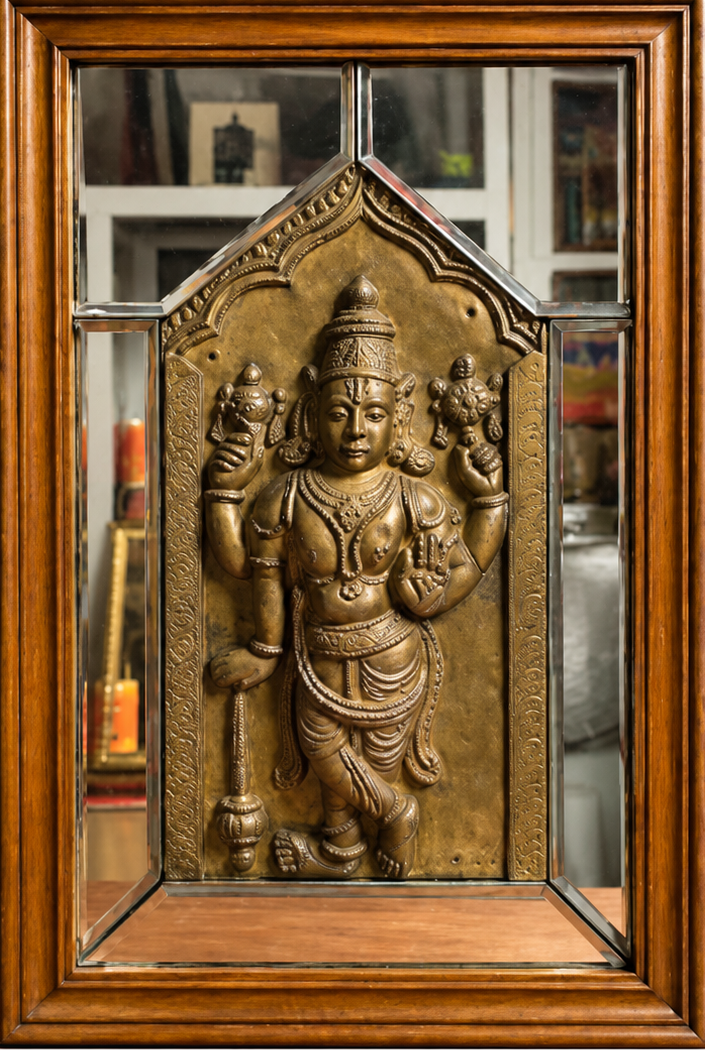 Dwarpalika Mirror Framed Brass Panel