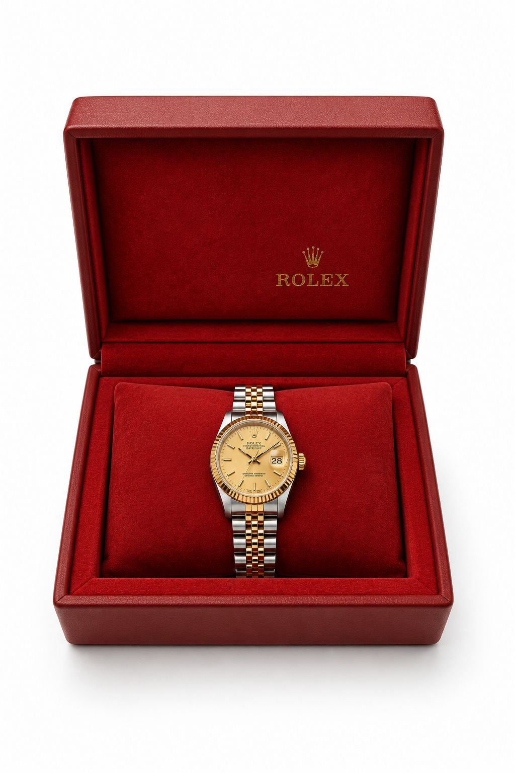 Rolex Lady-Datejust 26mm ref. 69173, champagne dial and two-tone Jubilee bracelet, shown in a red Rolex presentation box