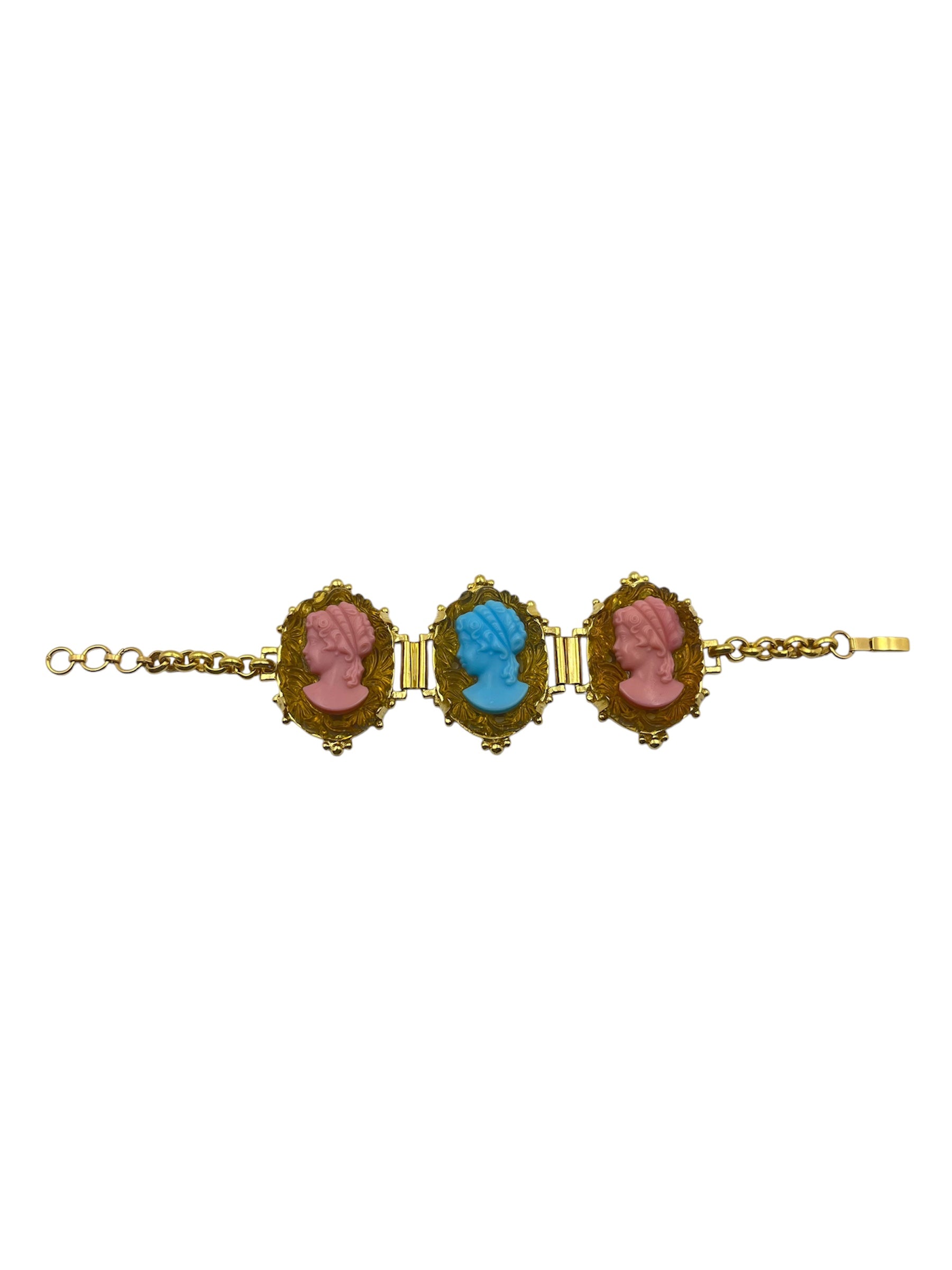 Vintage Italian Cameo Bracelet with Pink and Sage Cameos - Hero Straight View (BBS_MWCB017)