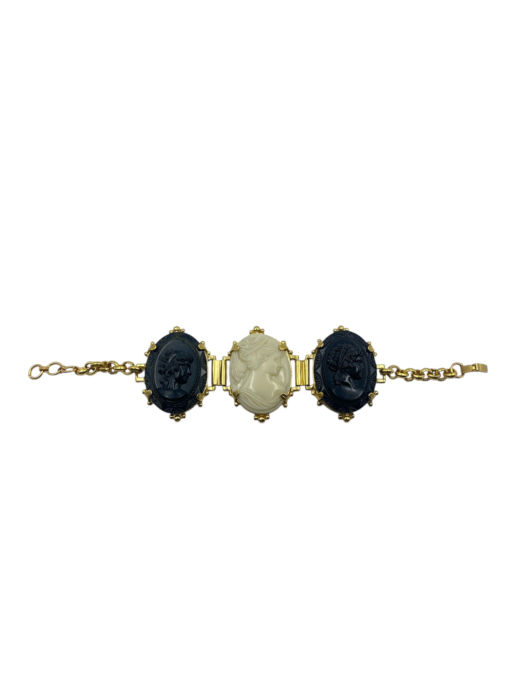 Vintage Italian Cameo Bracelet with Black and White Cameos - Hero Straight View (BBS_MWCB018)